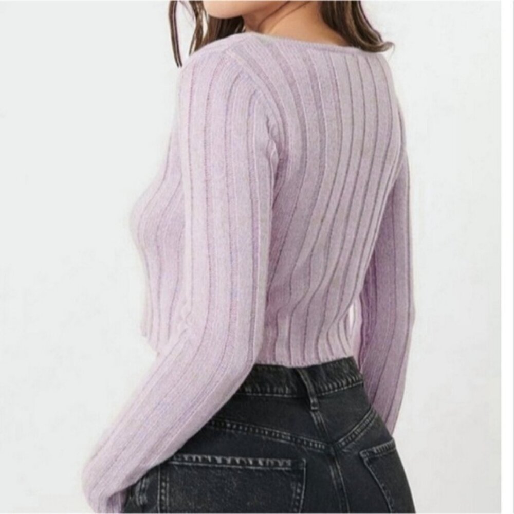 Garage Cotton Knit Ribbed Lilac Cropped Cardigan - Picture 3 of 10